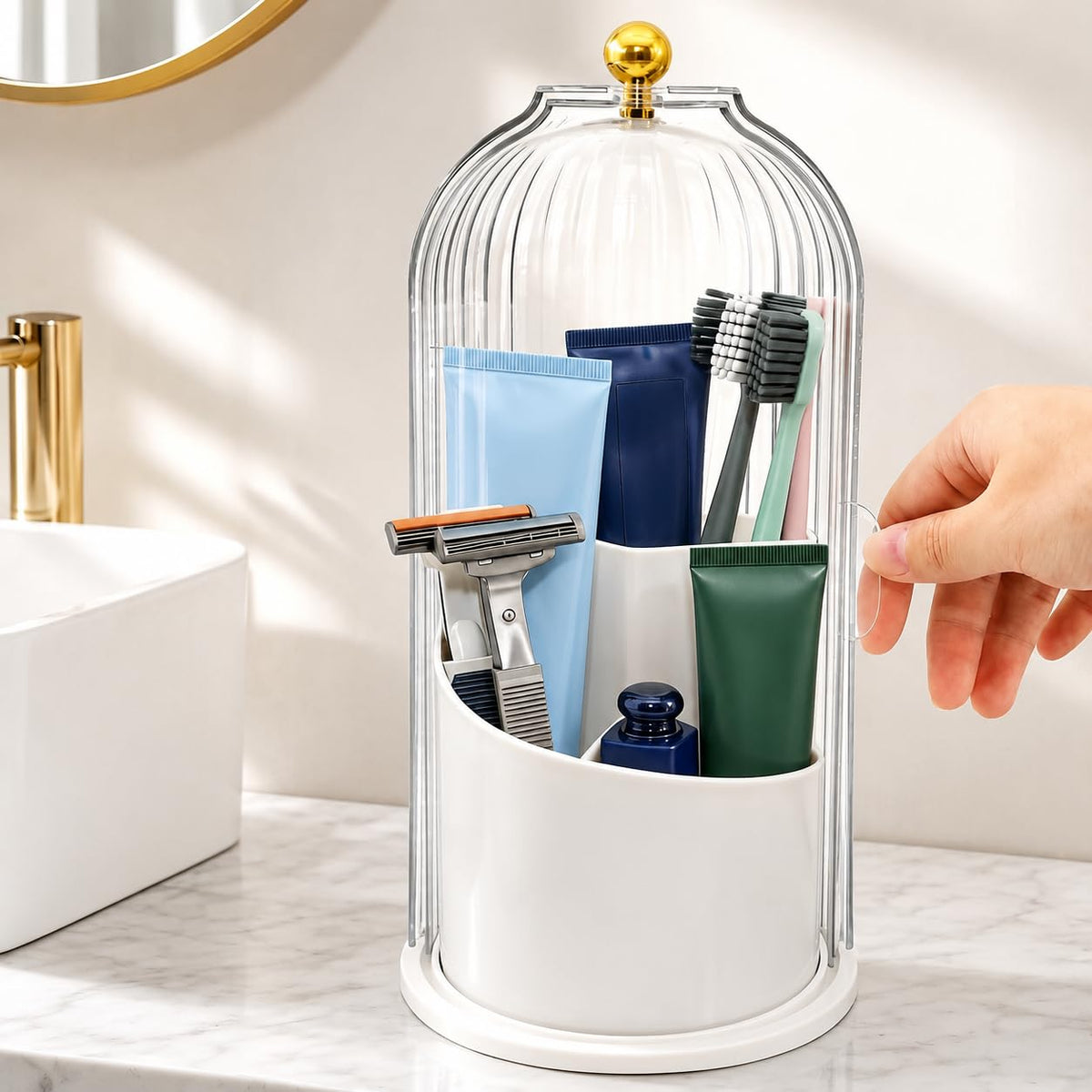 Makeup Brush Holder with 360° Rotating Base, Dustproof Cover