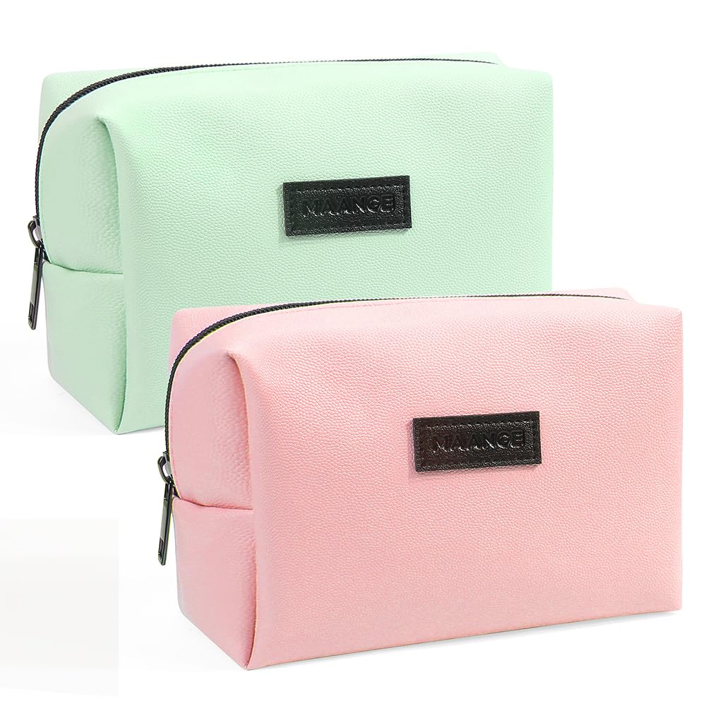 MAANGE 2 Pcs Small Makeup Bag For Purse, Travel Cosmetic Bag Makeup Pouch PU Leather Portable Versatile Zipper Pouch For Women (Blue+Green)