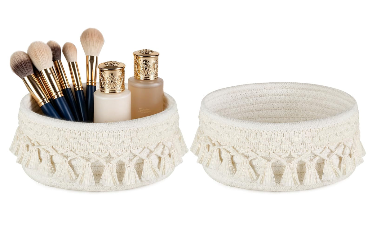 Mkono Macrame Makeup Brush Holder, Boho Mini Storage Basket Set of 2