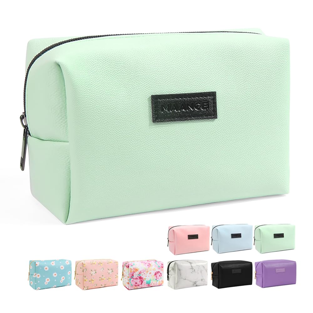 MAANGE 2 Pcs Small Makeup Bag For Purse, Travel Cosmetic Bag Makeup Pouch PU Leather Portable Versatile Zipper Pouch For Women (Blue+Green)