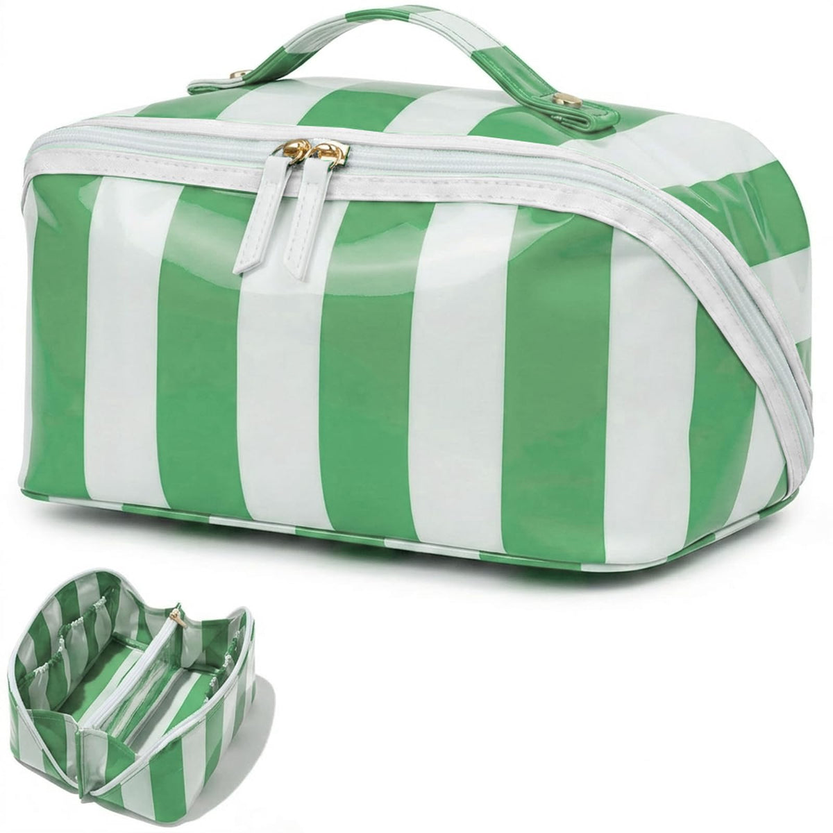 Preppy Stripe Clear Travel Makeup Bag, Waterproof Glossy PVC Cosmetic Organizer with Handle, Large Capacity Toiletry Bag for Women,Travel Organizer Zipper Pouch Beach Vacation Essentials (Pink White)