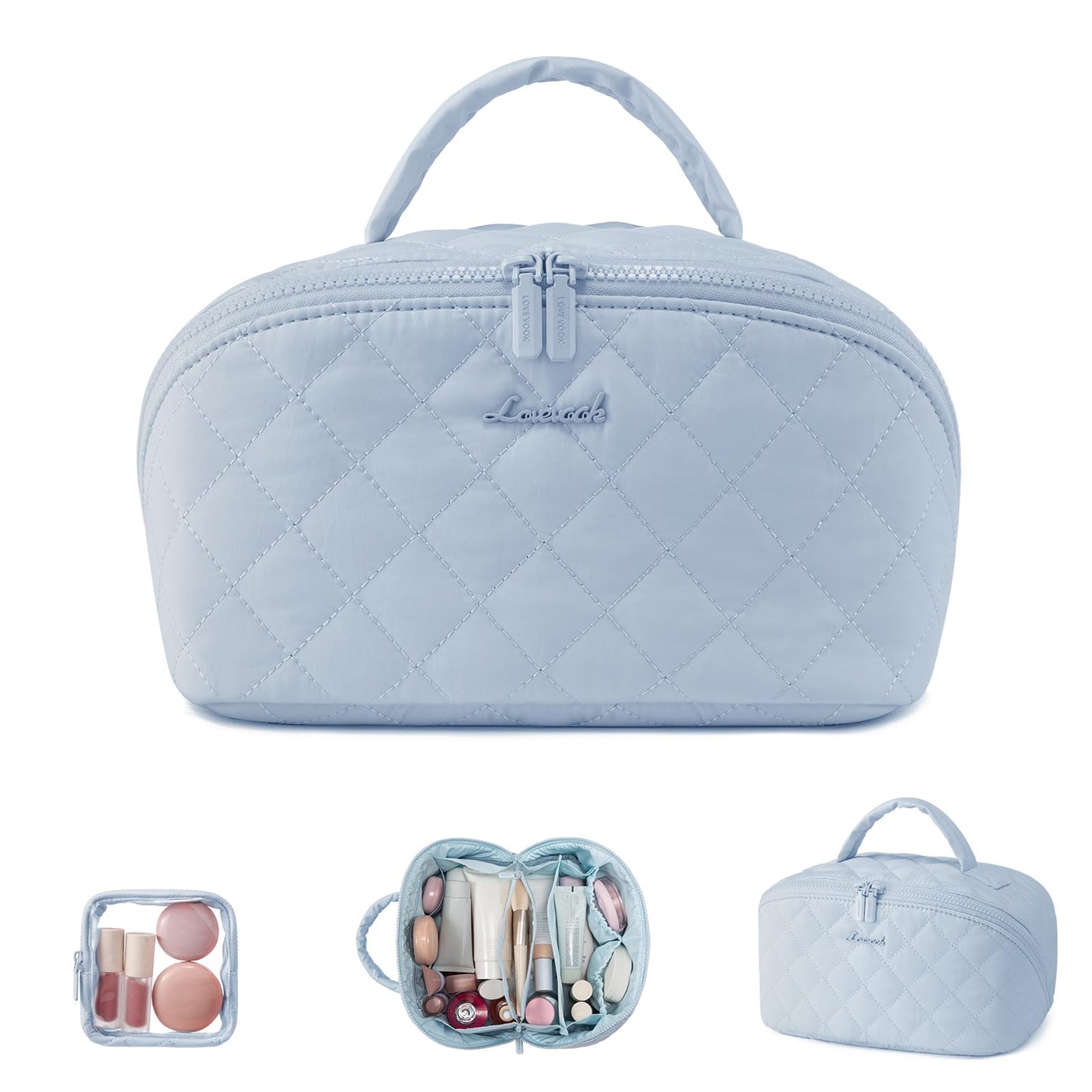 LOVEVOOK Travel Makeup Bag for Women, 2Pcs Puffer Waterproof Cosmetic Organizer, Large Capacity Pouch Open Flat Small Toiletry Bag with Brush Compartment & Handle (Pink, Medium)