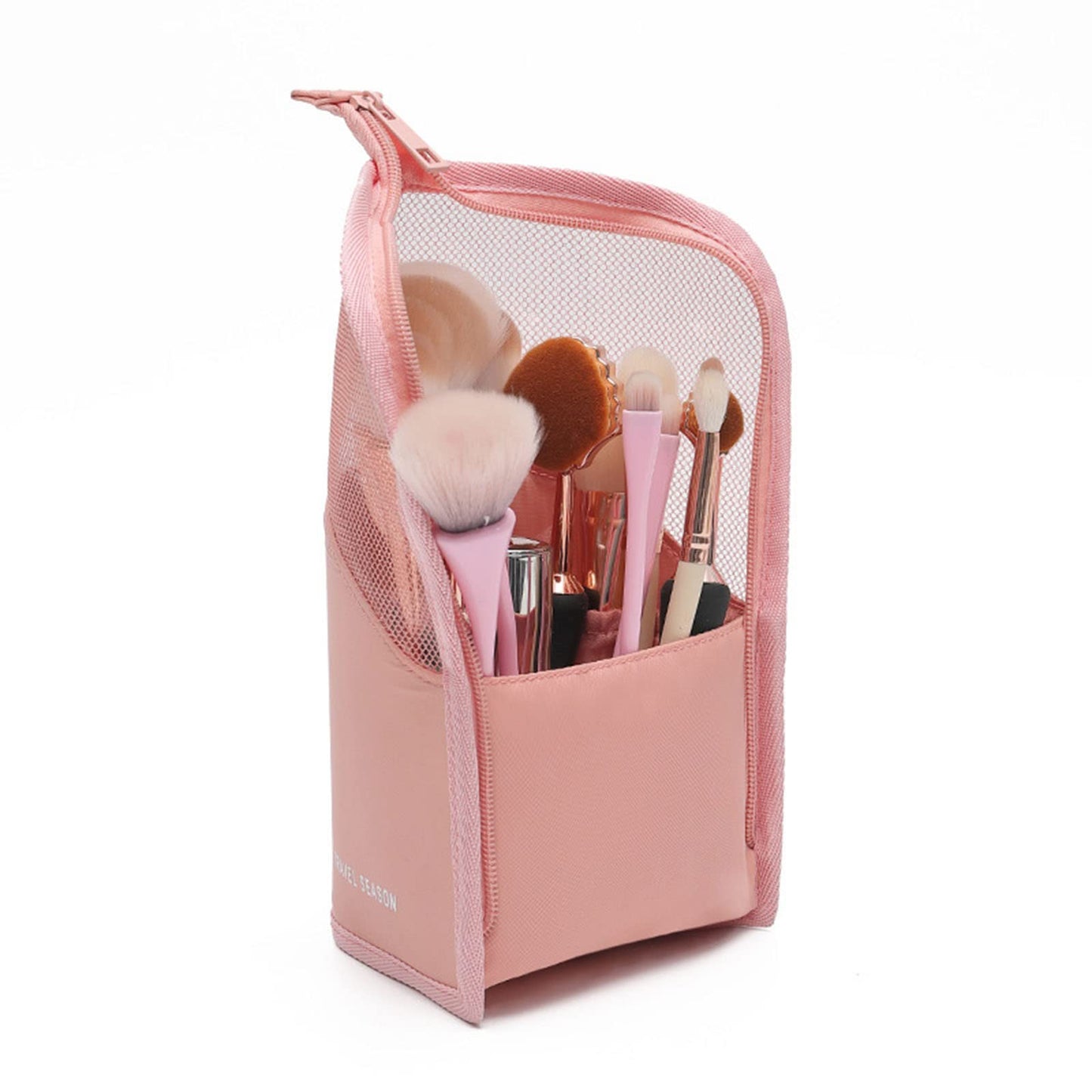 Makeup Brush Travel Case Stand Up, High Capacity Makeup Organizer Portable Travel Makeup Brush Holder (Pink)