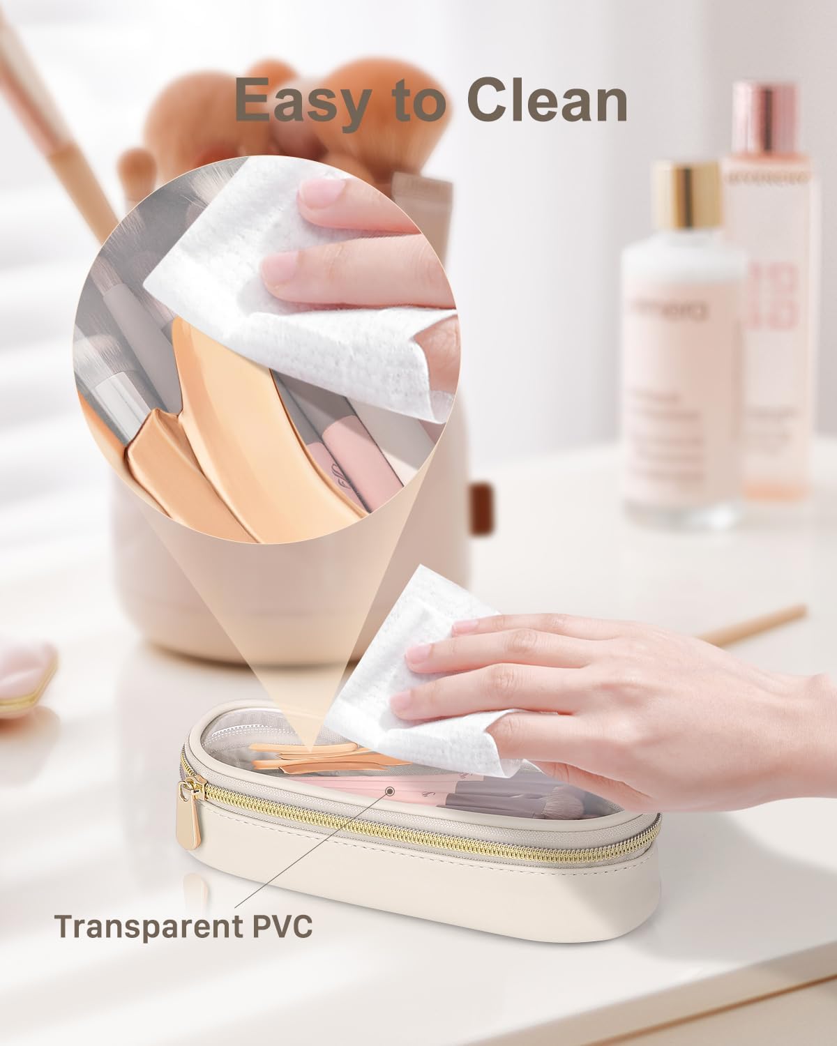 Soimeat Clear Travel Makeup Brush Holder, Leather Makeup Brush Toiletry Bag, Portable Cosmetic Brush Case, Transparent Waterproof Makeup Brush Storage Bag, White