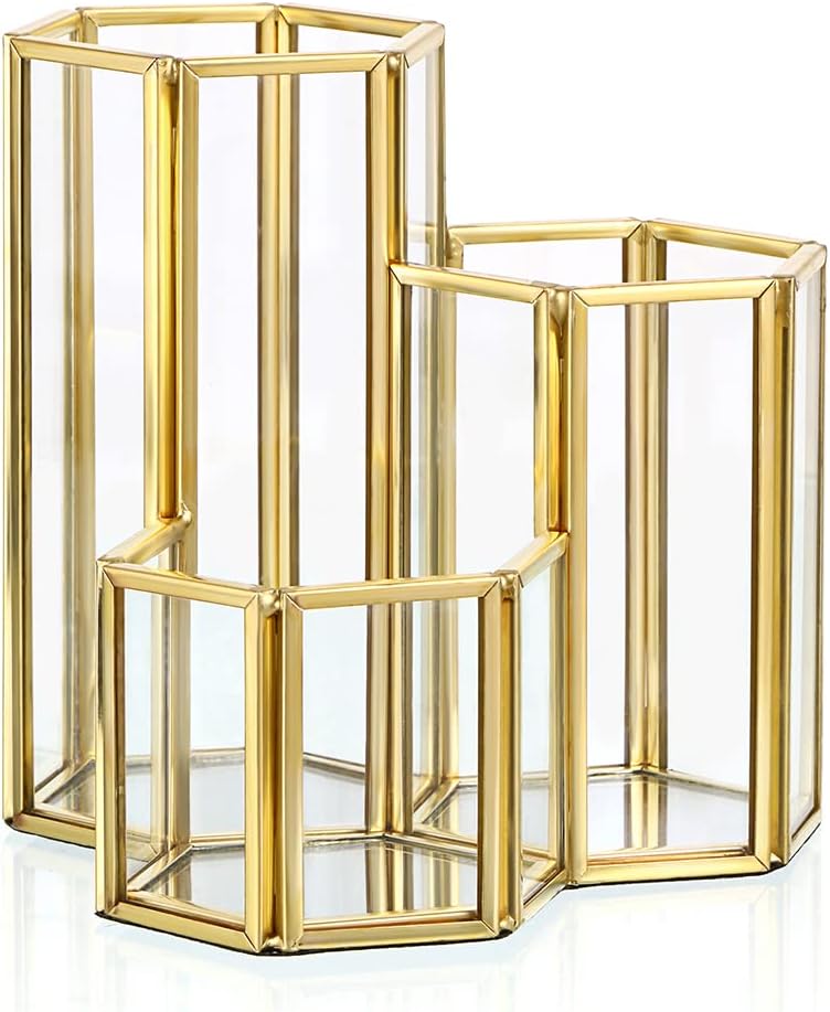 Hipiwe 3 Slots Glass Makeup Brush Holder - Gold Desktop Pen/Pencil Holder