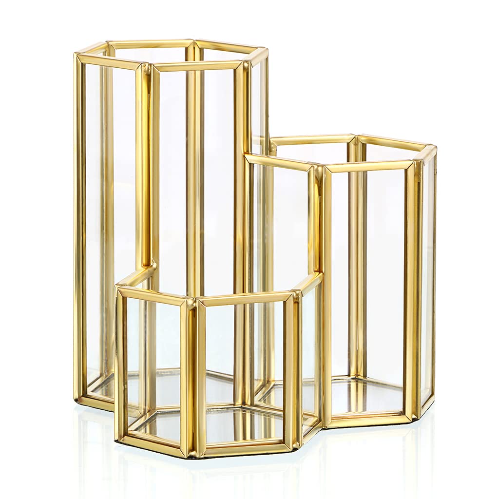 Hipiwe 3 Slots Glass Makeup Brush Holder - Gold Desktop Pen/Pencil Holder