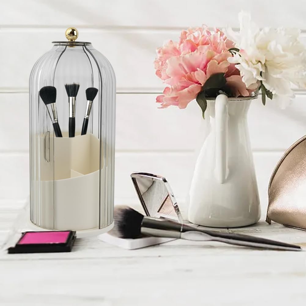 Makeup Brush Holder with Lid, 360 Rotating Sliding Opening Cosmetic Tools Organizer, Waterproof Dustproof Makeup Brush Organizer for Vanity Desktop Bathroom Countertop(COLOR:White And Clear)