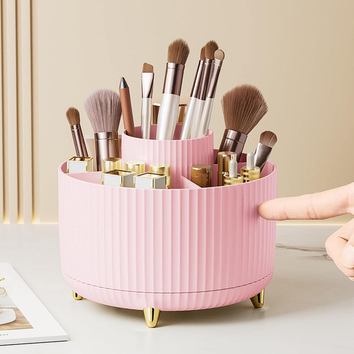 Diesisa Makeup Brush Holder Organizer,360° Rotating Makeup Brush Organizer,5 Slot Make up Brushes Cup for Cosmetics, Nail Polish, Art Supply, Bathroom Vanity Desktop Organizer - White