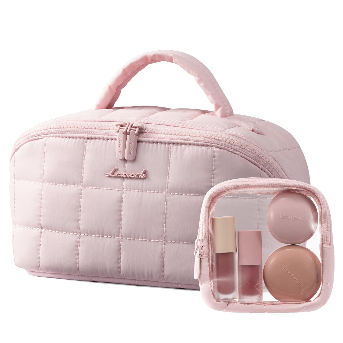 LOVEVOOK Travel Makeup Bag for Women, 2Pcs Puffer Waterproof Cosmetic Organizer, Large Capacity Pouch Open Flat Small Toiletry Bag with Brush Compartment & Handle (Pink, Medium)