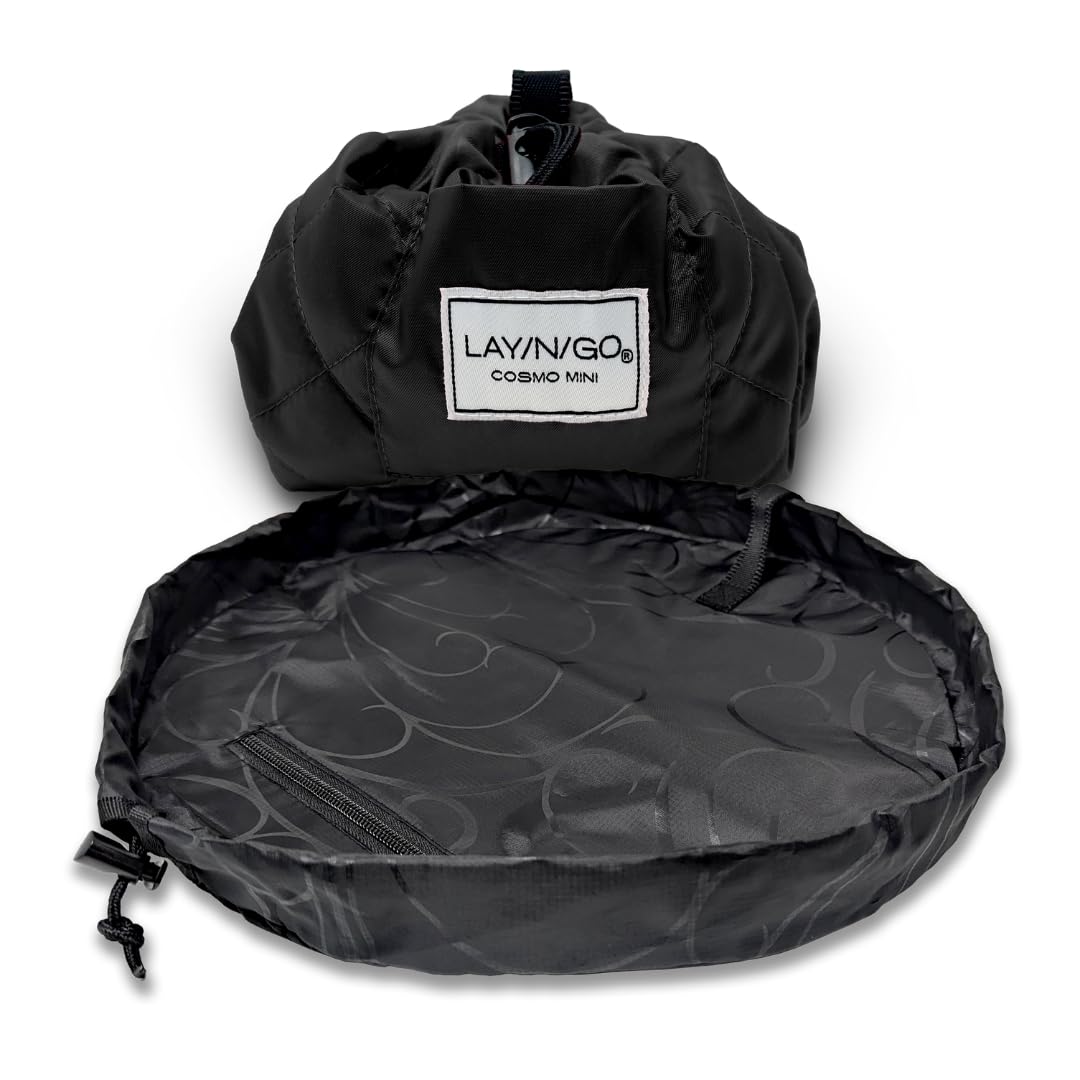 Lay-n-Go Cosmo Layflat Drawstring Cosmetic & Makeup Bag Organizer w/Zipper Pocket, Brush Loops & More, Cinch to Close, Lay Flat to Use, Durable, Machine Wash, Travel Toiletry Bag (20", Dogs)