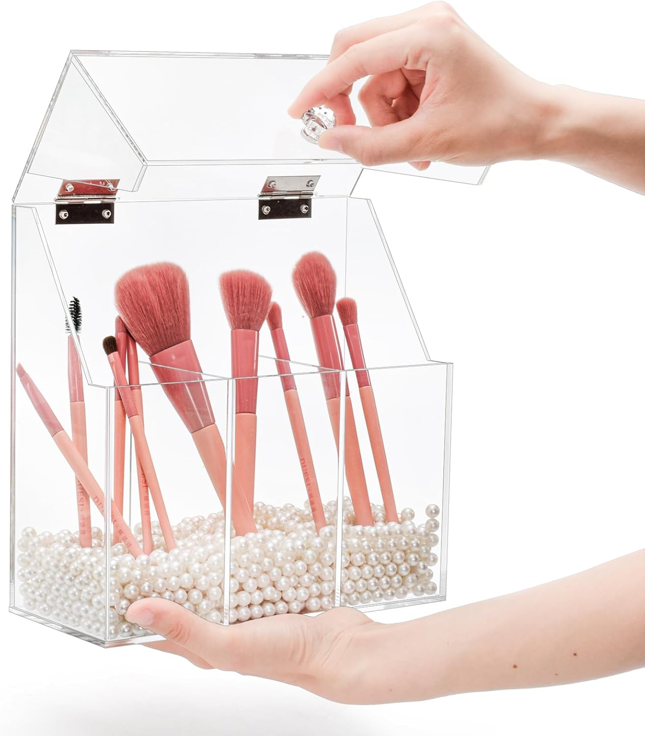 Okllen Makeup Brush Holder with Dustproof Lid, White Pearls, Acrylic Clear Makeup Brush Organizer with 3 Compartment, Large Cosmetic Brush Storage Box Case for Vanity, Bathroom, Bedroom