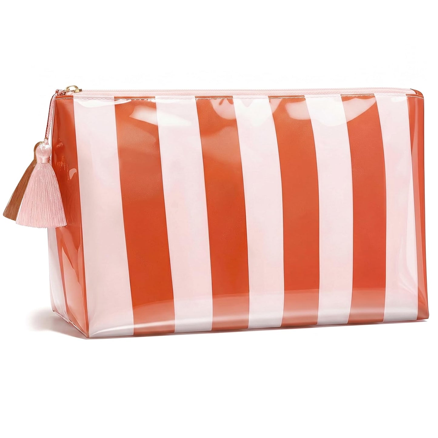 Preppy Stripe Clear Travel Makeup Bag, Waterproof Glossy PVC Cosmetic Organizer with Handle, Large Capacity Toiletry Bag for Women,Travel Organizer Zipper Pouch Beach Vacation Essentials (Pink White)