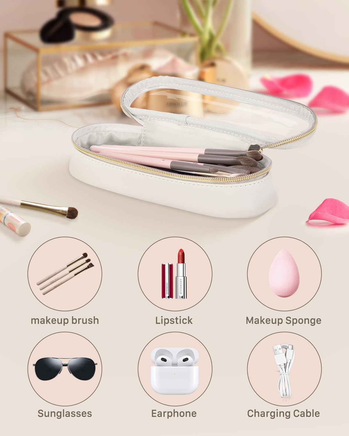 Soimeat Clear Travel Makeup Brush Holder, Leather Makeup Brush Toiletry Bag, Portable Cosmetic Brush Case, Transparent Waterproof Makeup Brush Storage Bag, White