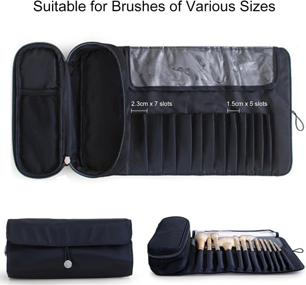 Makeup Brush Bag, Travel Makeup Brush Case Makeup Brush Holder Organizer Cosmetic Bag Portable Roll Up Brush Storage Bag for Makeup Brushes and Cosmetic Essentials (Black)