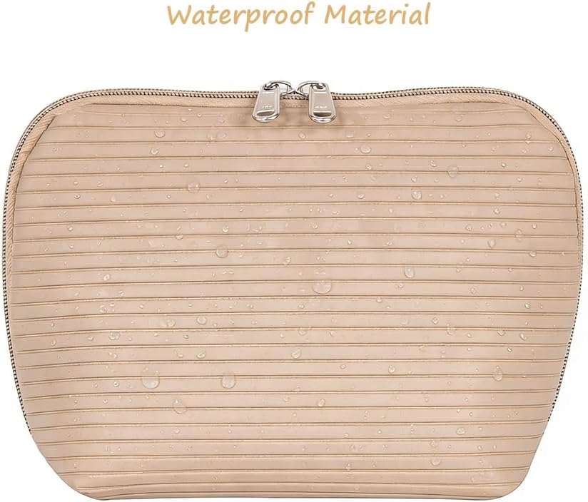 Travel Makeup Bag for Women, Waterproof Stand Up Cosmetic Bag with Brush Holders, Organizer Bag with Compartments, Fold-Down Design for Skincare, Toiletries & Essentials (Camel, Medium)