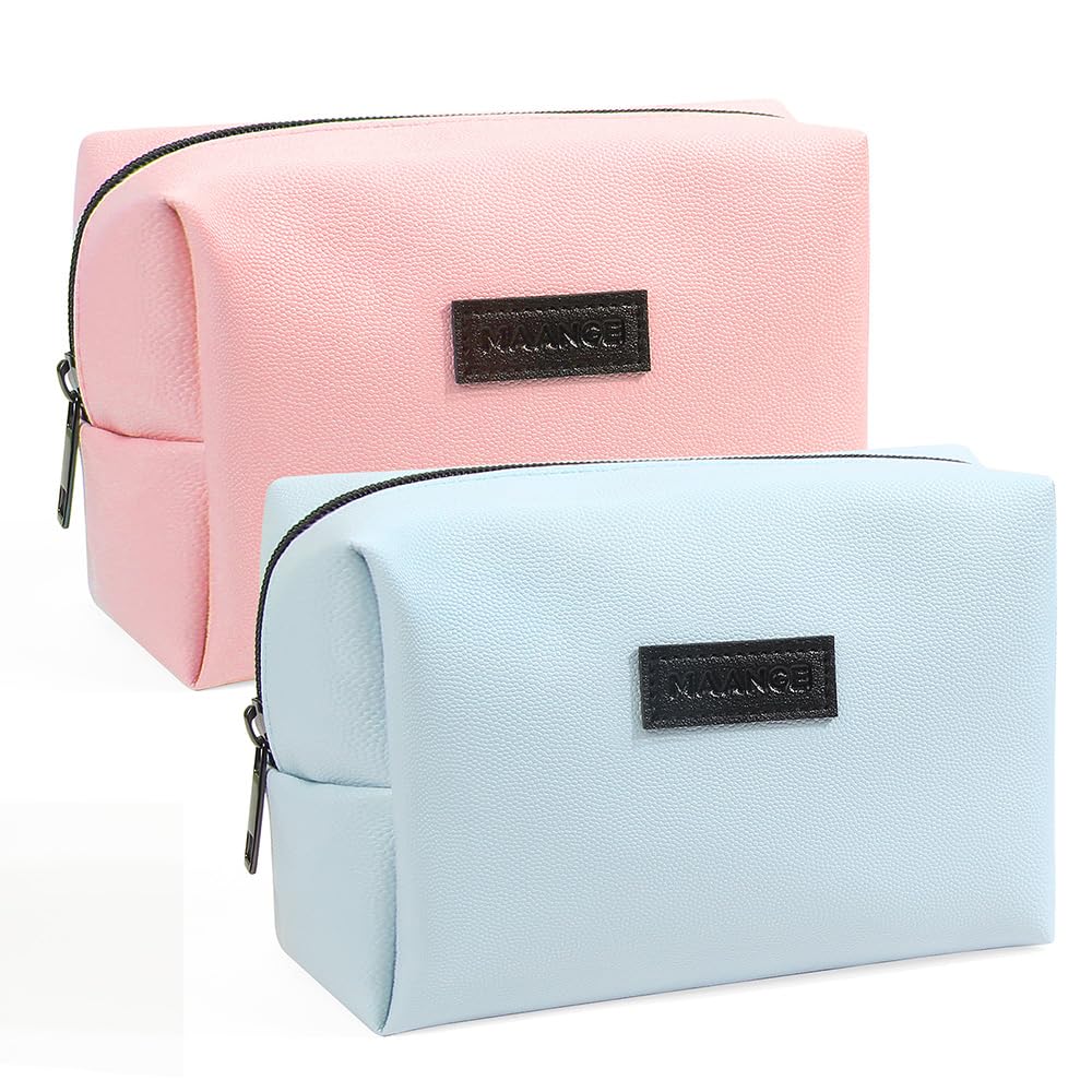 MAANGE 2 Pcs Small Makeup Bag For Purse, Travel Cosmetic Bag Makeup Pouch PU Leather Portable Versatile Zipper Pouch For Women (Blue+Green)