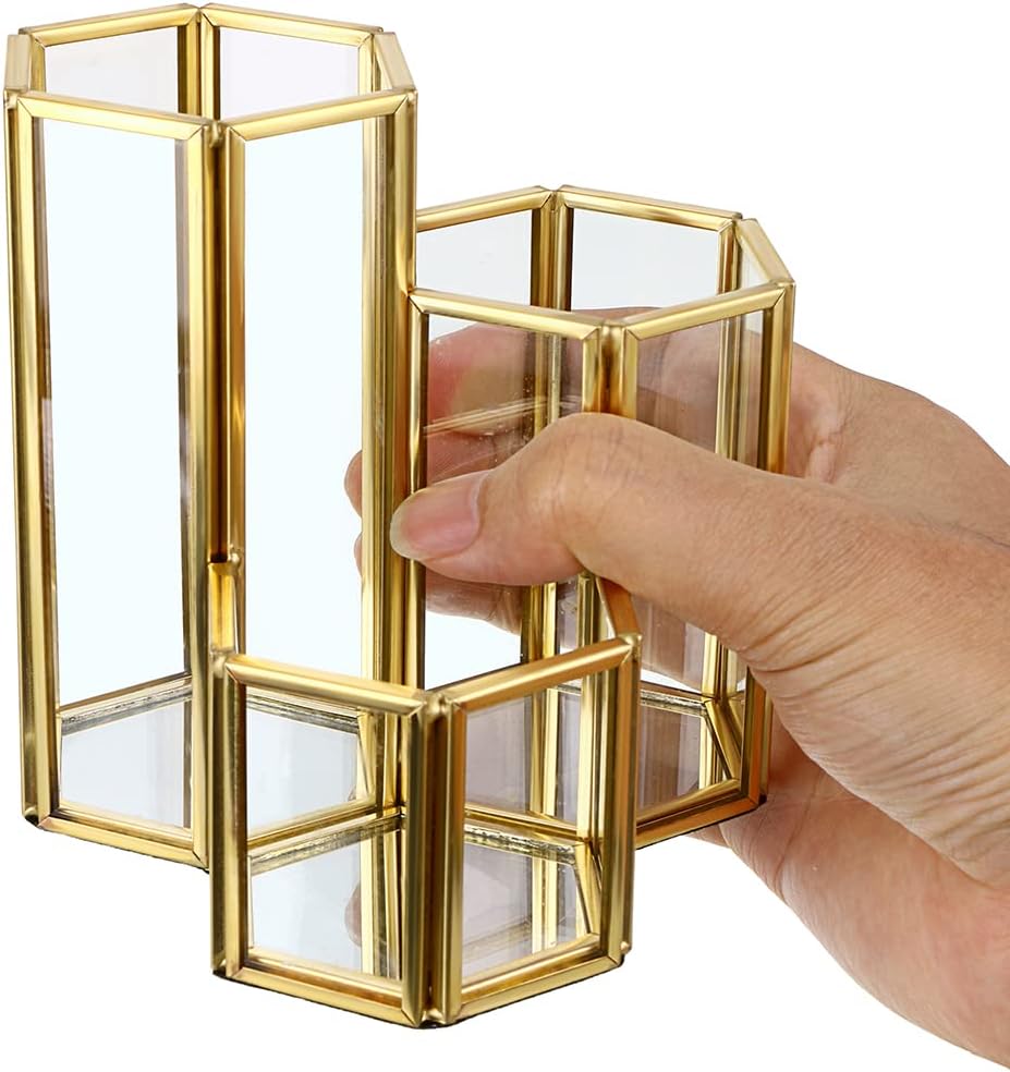 Hipiwe 3 Slots Glass Makeup Brush Holder - Gold Desktop Pen/Pencil Holder
