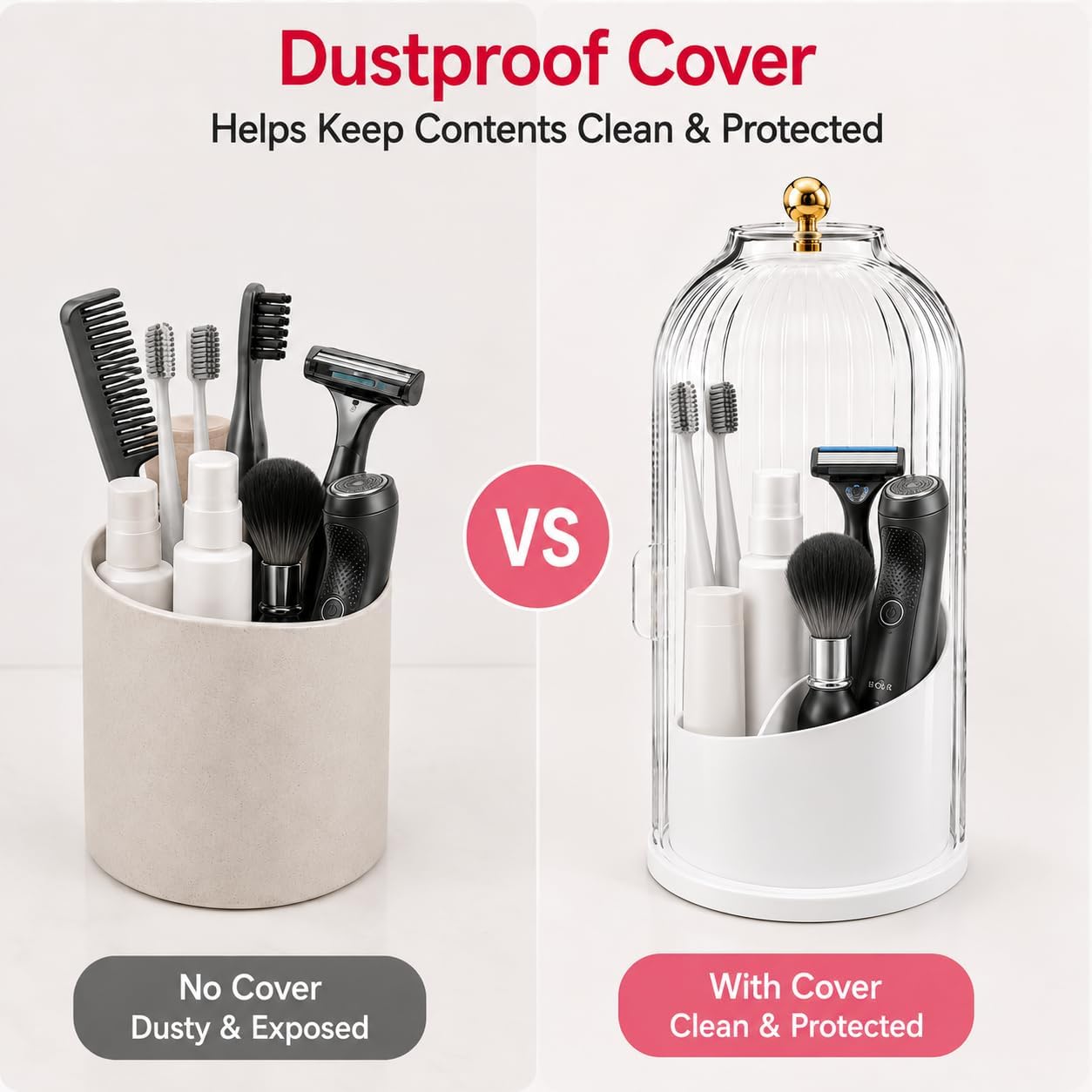 Makeup Brush Holder with 360° Rotating Base, Dustproof Cover