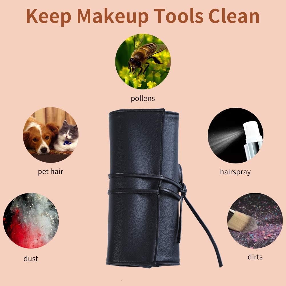 MOND'SUB Makeup Brush Case Travel, makeup brush case roll up,brush holder makeup,Holder Organizer Brushes Pouch Cosmetic Bag for Travel，Rolling Bag Storage Case PU Leather