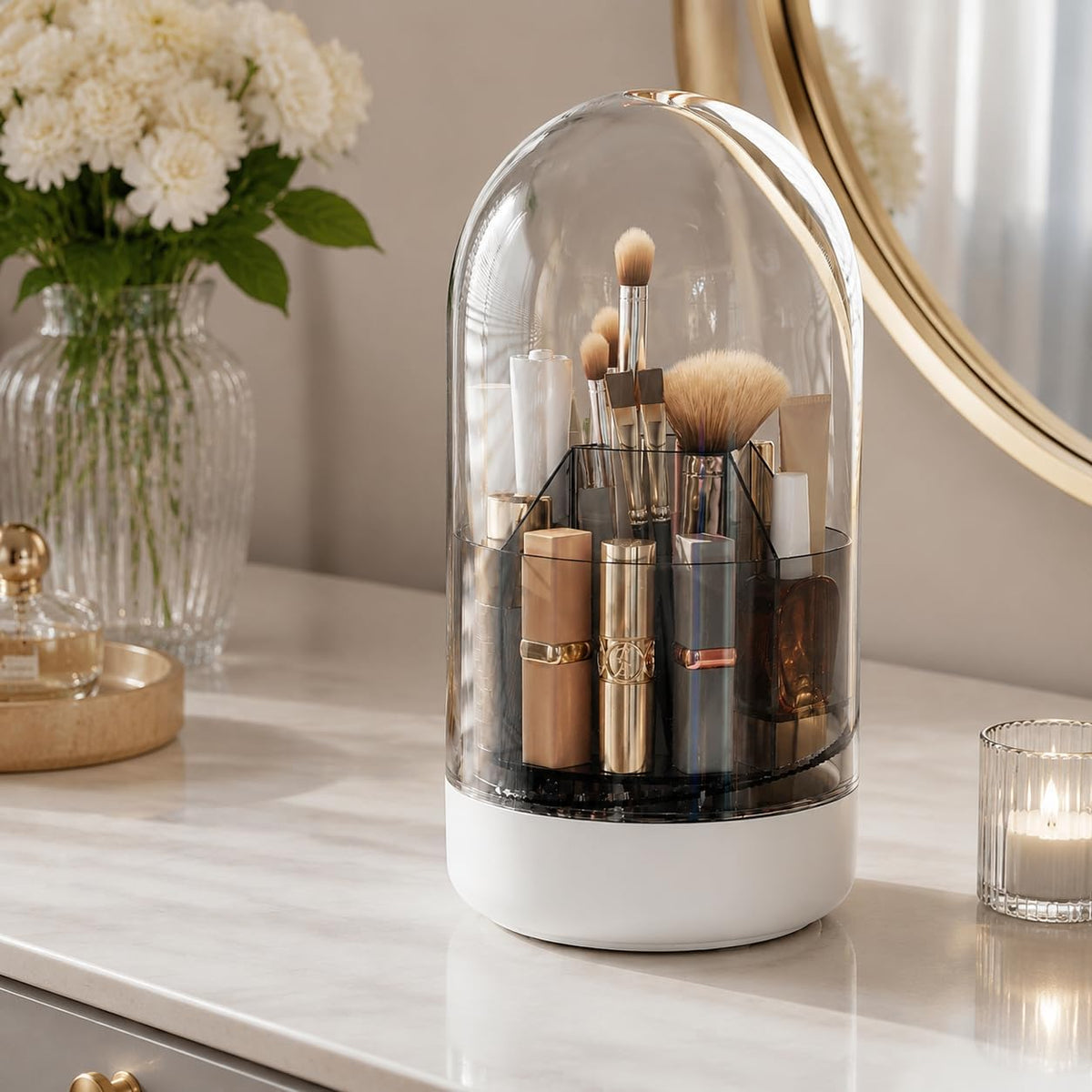 CTIME Makeup Brush Holder with Lid, 5-Compartments Makeup Organizer