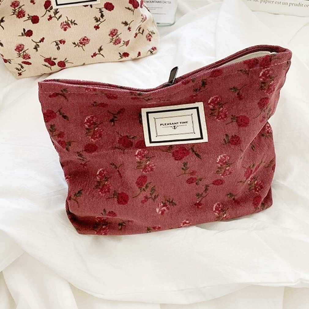Cosmetic Bags for Women, Large Floral Makeup Bag for Purse, Dark Red Rose