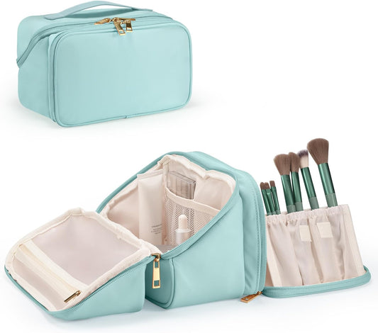 HauteHues Travel Makeup Bag for Women, Large Capacity Cosmetic Organizer & Toiletry Bag with Wide-Open Design, with Brush Holders & Compartments, Waterproof Case for Makeup & Skincare, Blue