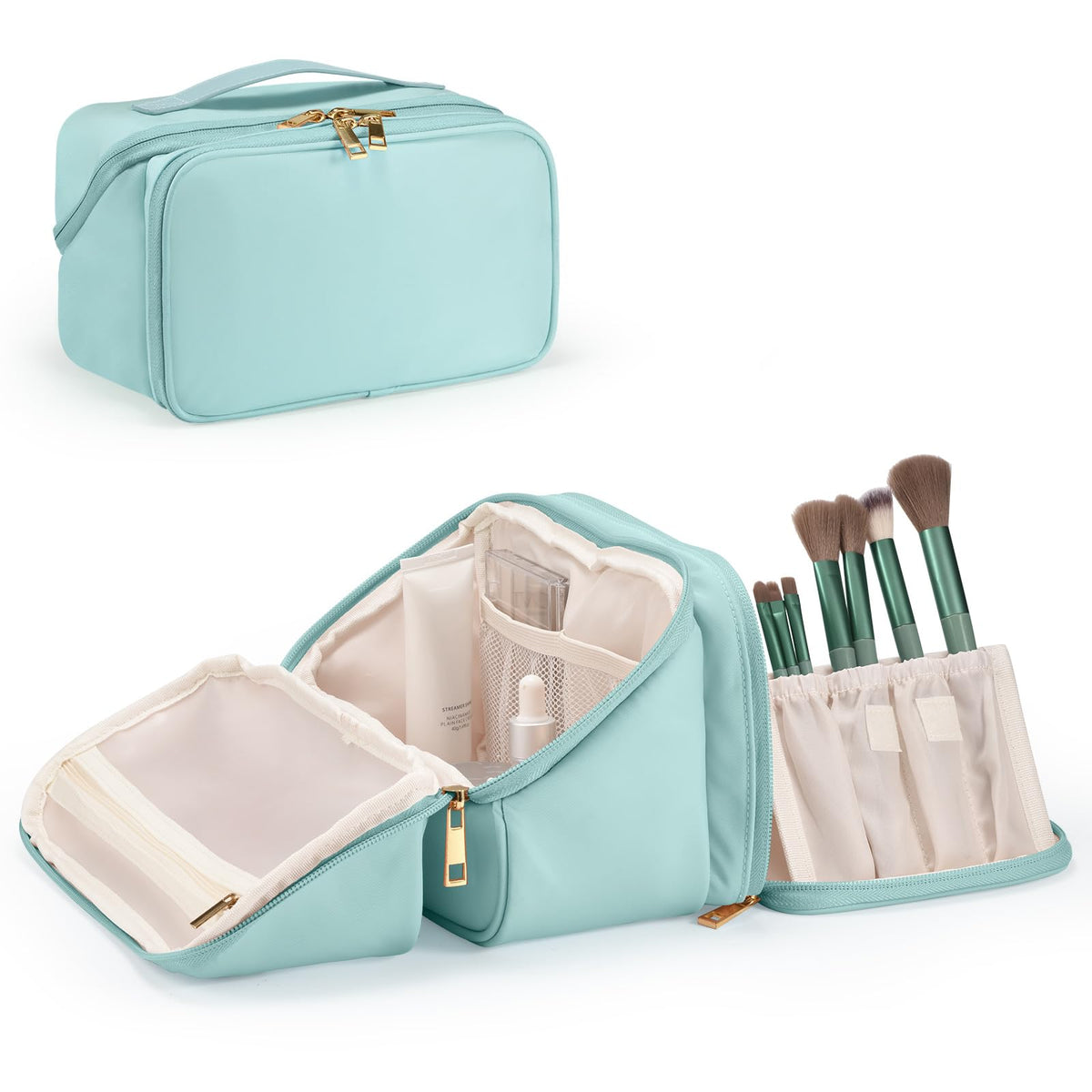 HauteHues Travel Makeup Bag for Women, Large Capacity Cosmetic Organizer & Toiletry Bag with Wide-Open Design, with Brush Holders & Compartments, Waterproof Case for Makeup & Skincare, Blue