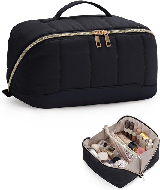Makeup Bag for Women, Open Flat Puffy Organizer with Wipe-Clean PVC Lining