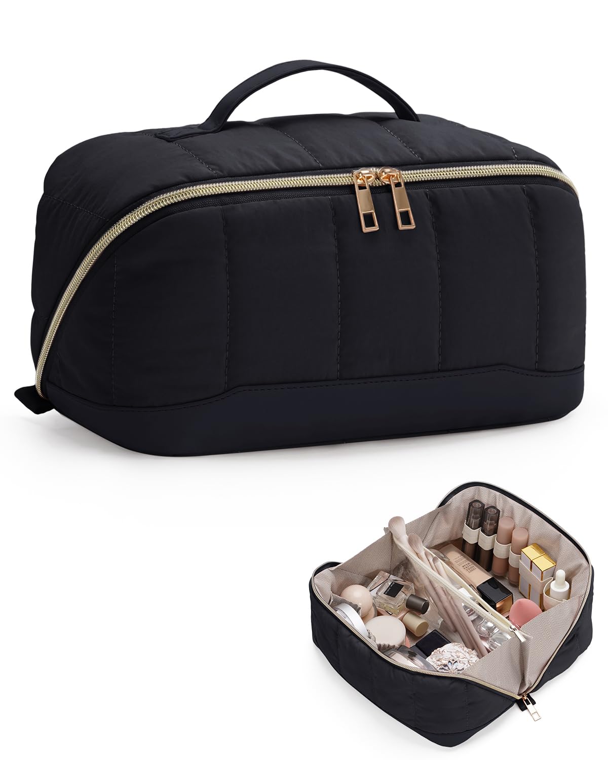 Makeup Bag for Women, Open Flat Puffy Organizer with Wipe-Clean PVC Lining