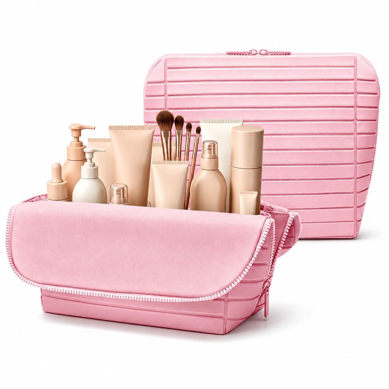 Travel Makeup Organizer Bag with Fold-Down Design and Adjustable Dividers, 27 Pockets & 3 Brush Storage Holders, Large Capacity Cosmetic Bags Toiletry Case - Brown