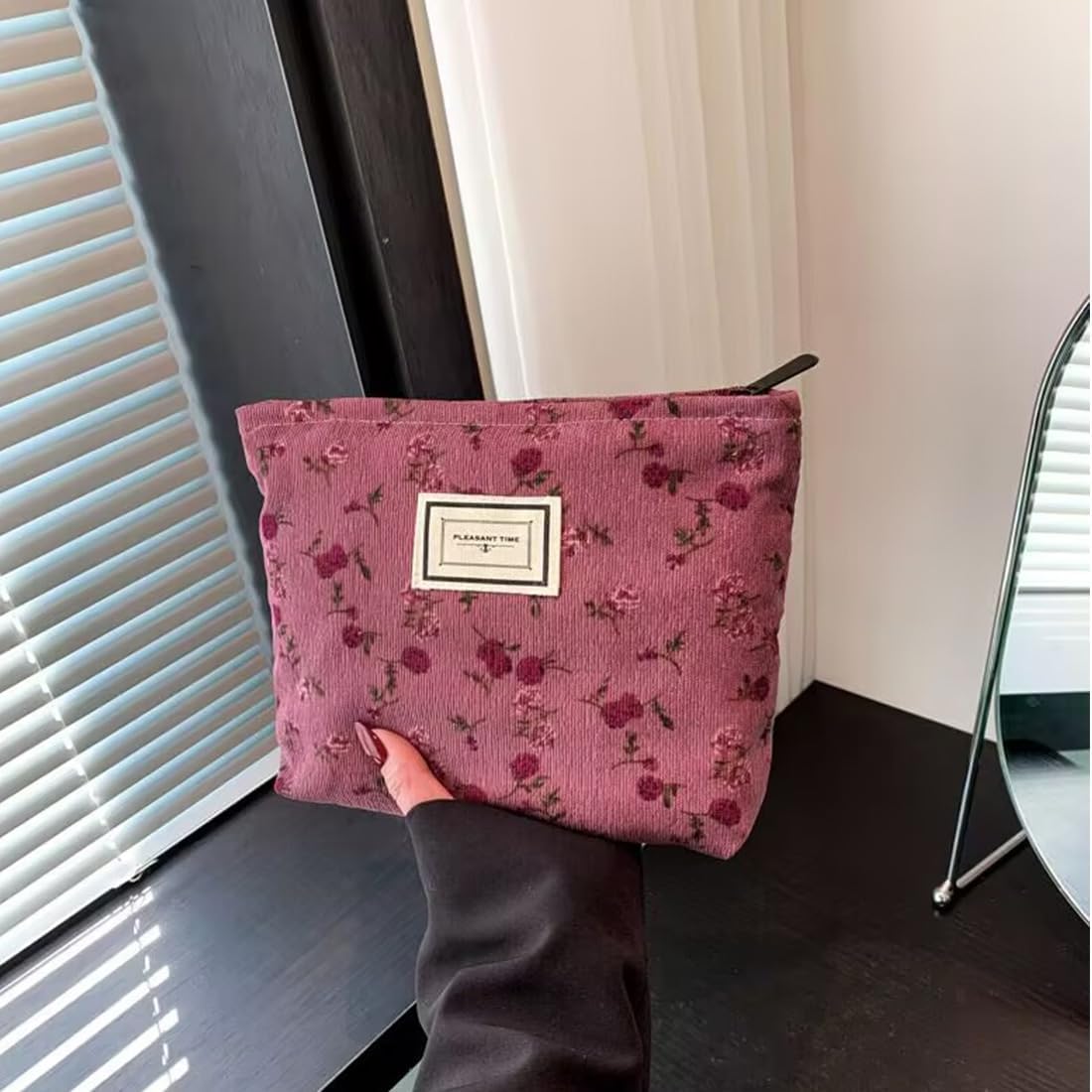 Cosmetic Bags for Women, Large Floral Makeup Bag for Purse, Dark Red Rose