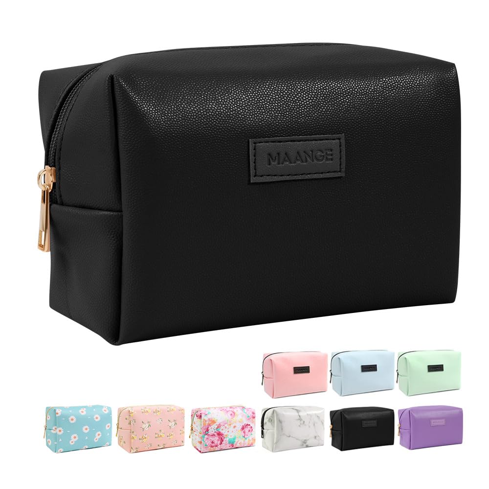 MAANGE 2 Pcs Small Makeup Bag For Purse, Travel Cosmetic Bag Makeup Pouch PU Leather Portable Versatile Zipper Pouch For Women (Blue+Green)
