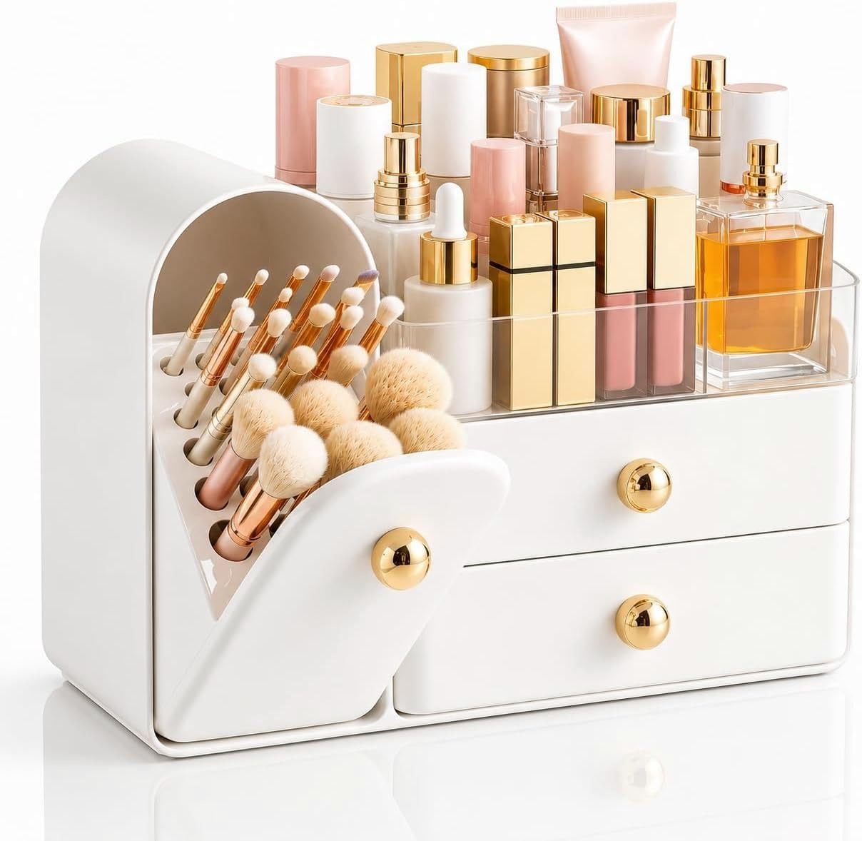 HBlife Makeup Organizer Countertop with Drawers, Vanity Organizers with Brush Holder, Bathroom Counter Organizer for Perfume, Nail Polishes, Lipsticks, Skincare and Eyeshadow Palettes, White