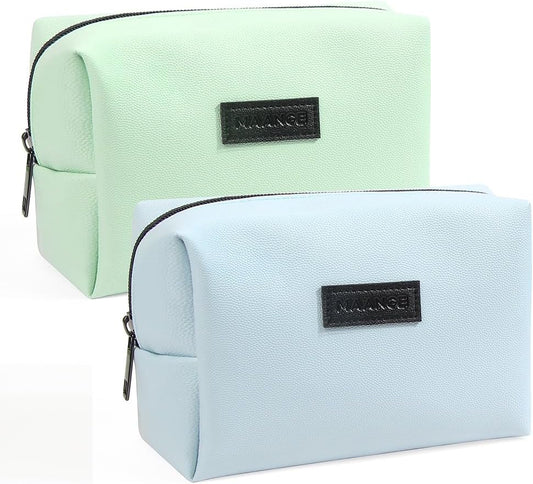 MAANGE 2 Pcs Small Makeup Bag For Purse, Travel Cosmetic Bag Makeup Pouch PU Leather Portable Versatile Zipper Pouch For Women (Blue+Green)