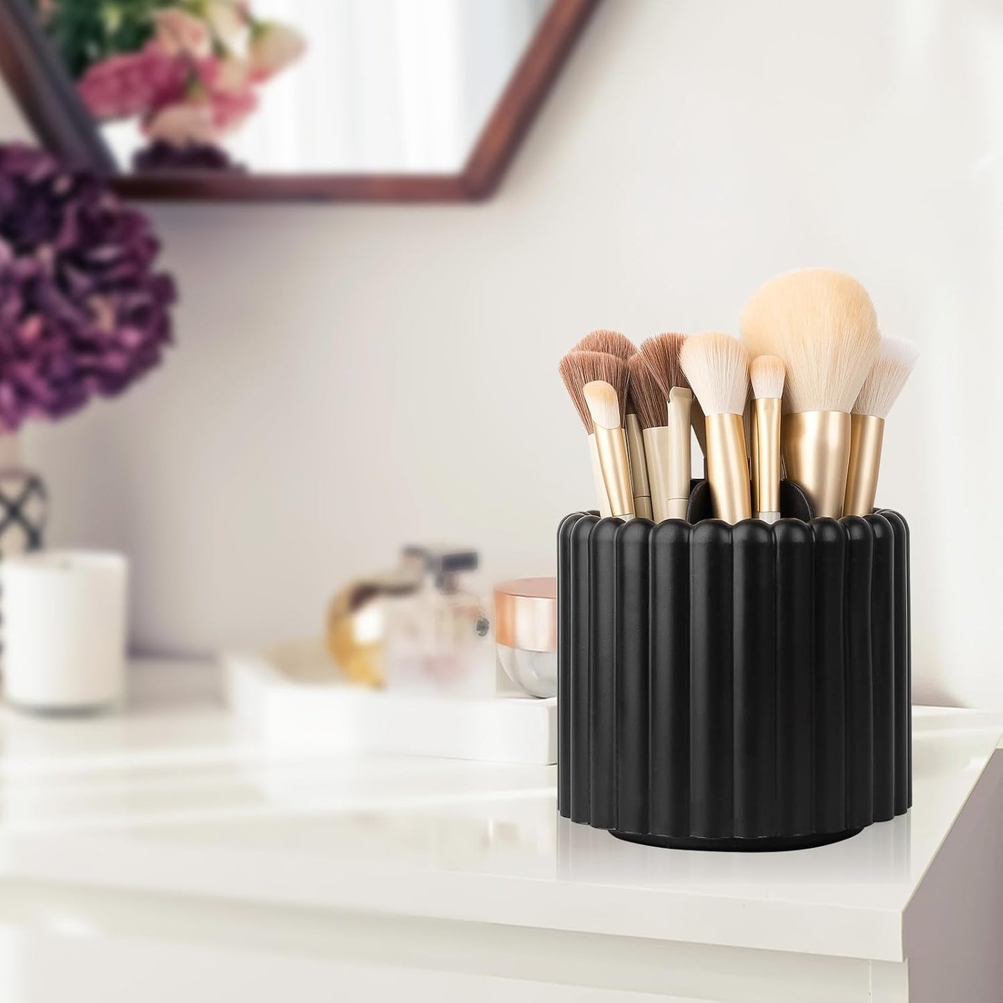 Rotating Makeup Brush Holder Organizer with Removable Dividers, Black
