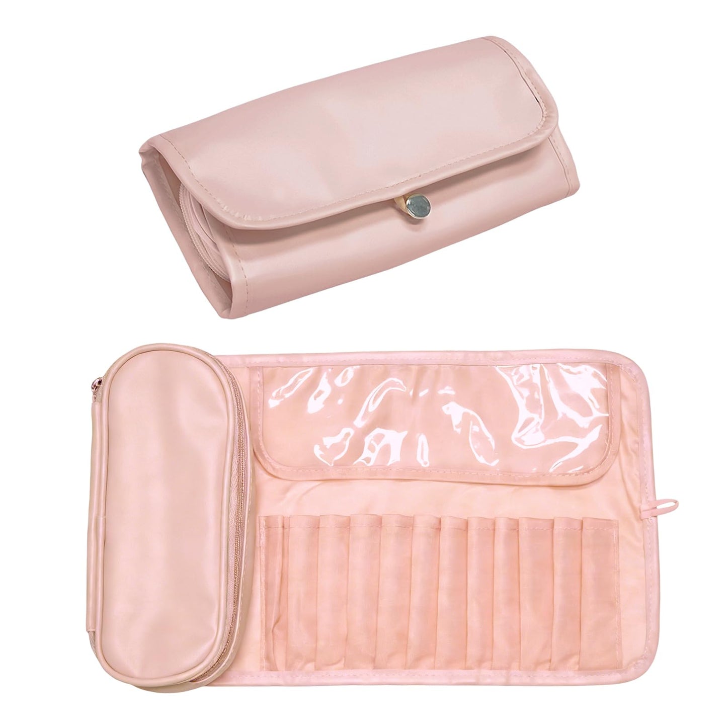 Folding Makeup Brush Bag with Separate Compartment,Rollup & Open Flat(white