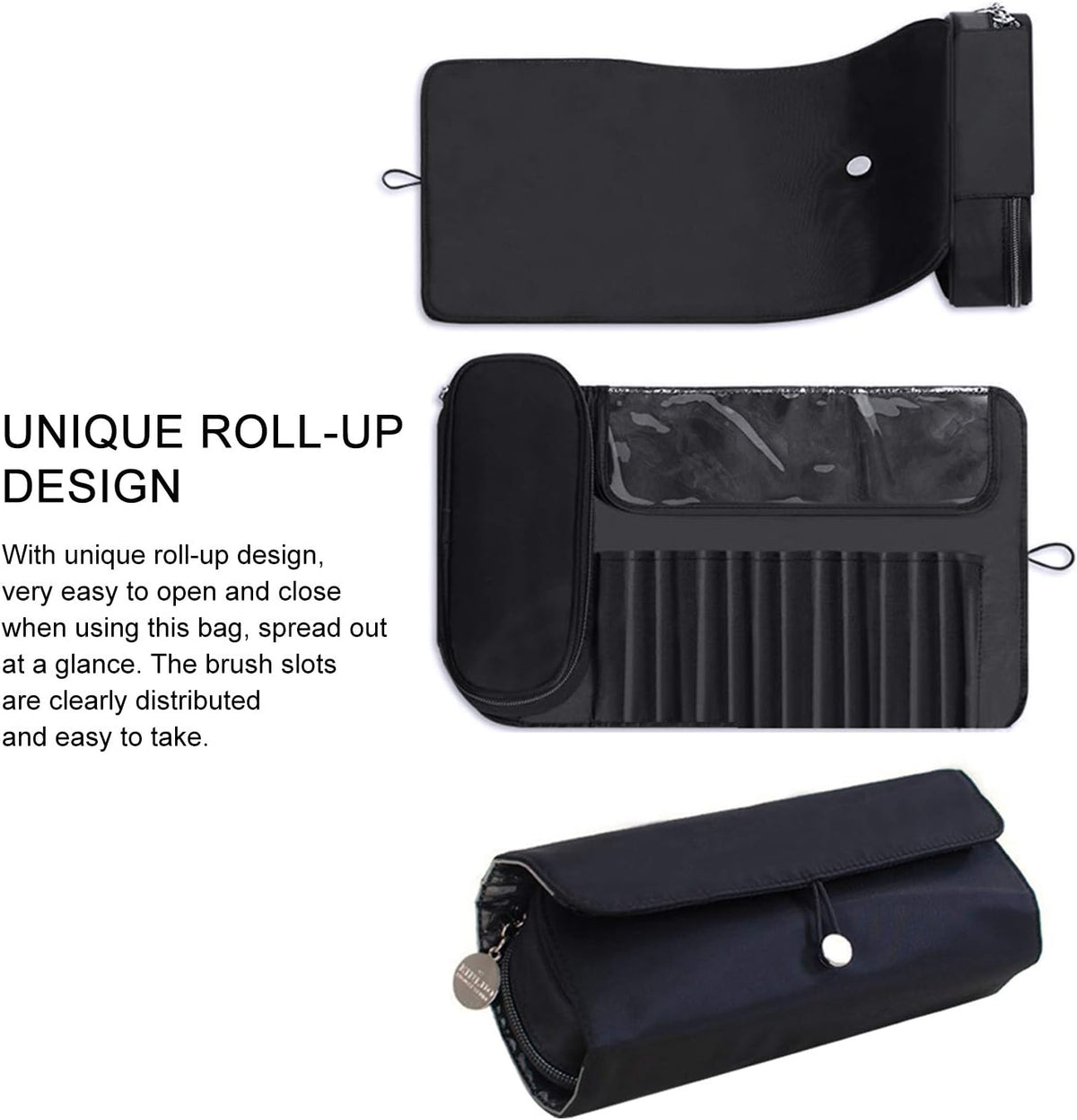 Makeup Brush Bag, Travel Makeup Brush Case Makeup Brush Holder Organizer Cosmetic Bag Portable Roll Up Brush Storage Bag for Makeup Brushes and Cosmetic Essentials (Black)