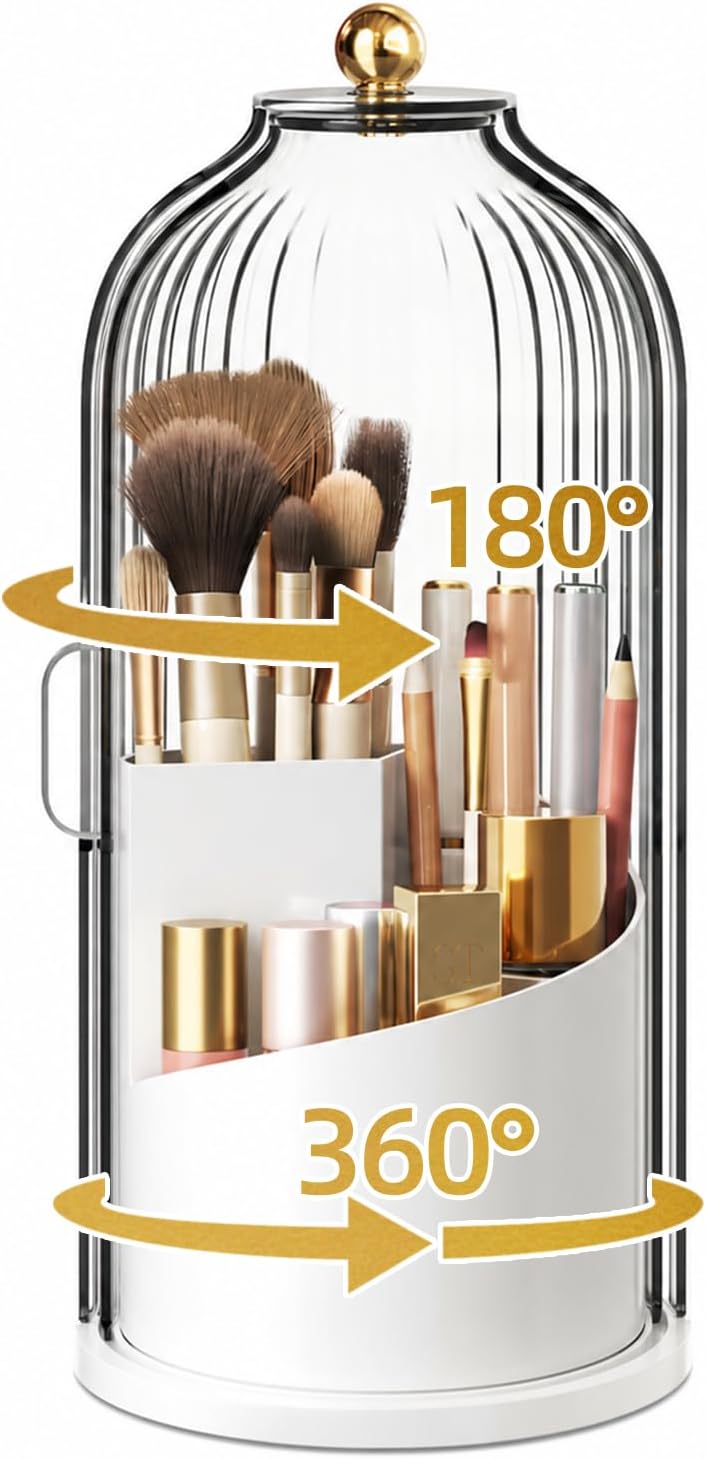 Covered Makeup Brush Holder with Sliding Lid,360° Rotating Makeup Organizer