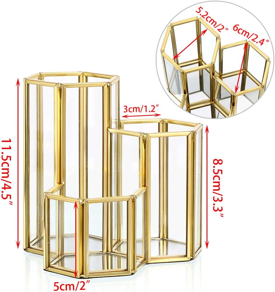 Hipiwe 3 Slots Glass Makeup Brush Holder - Gold Desktop Pen/Pencil Holder