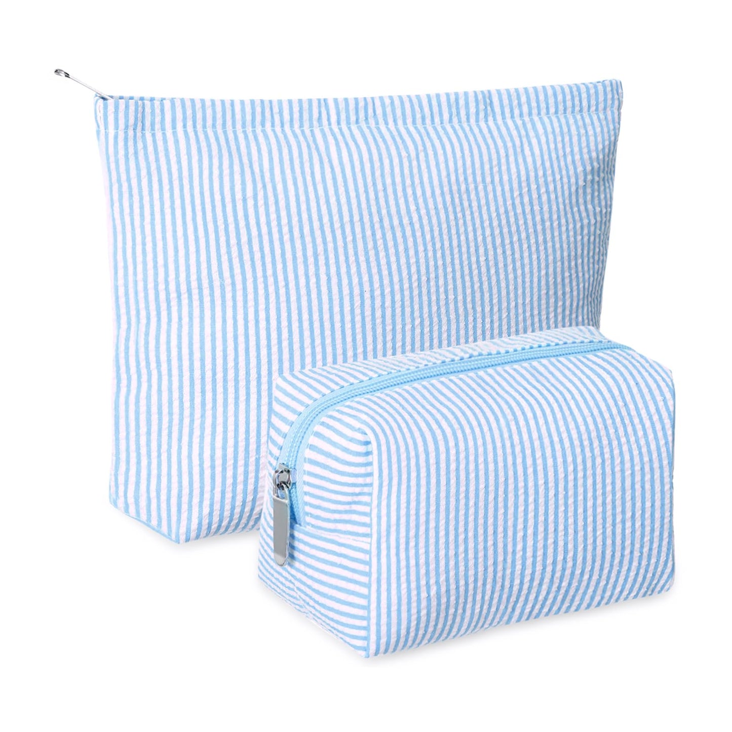 Huhumy 2 Pcs Makeup Bag Set for Women, Khaki, Thin Striped Seersucker