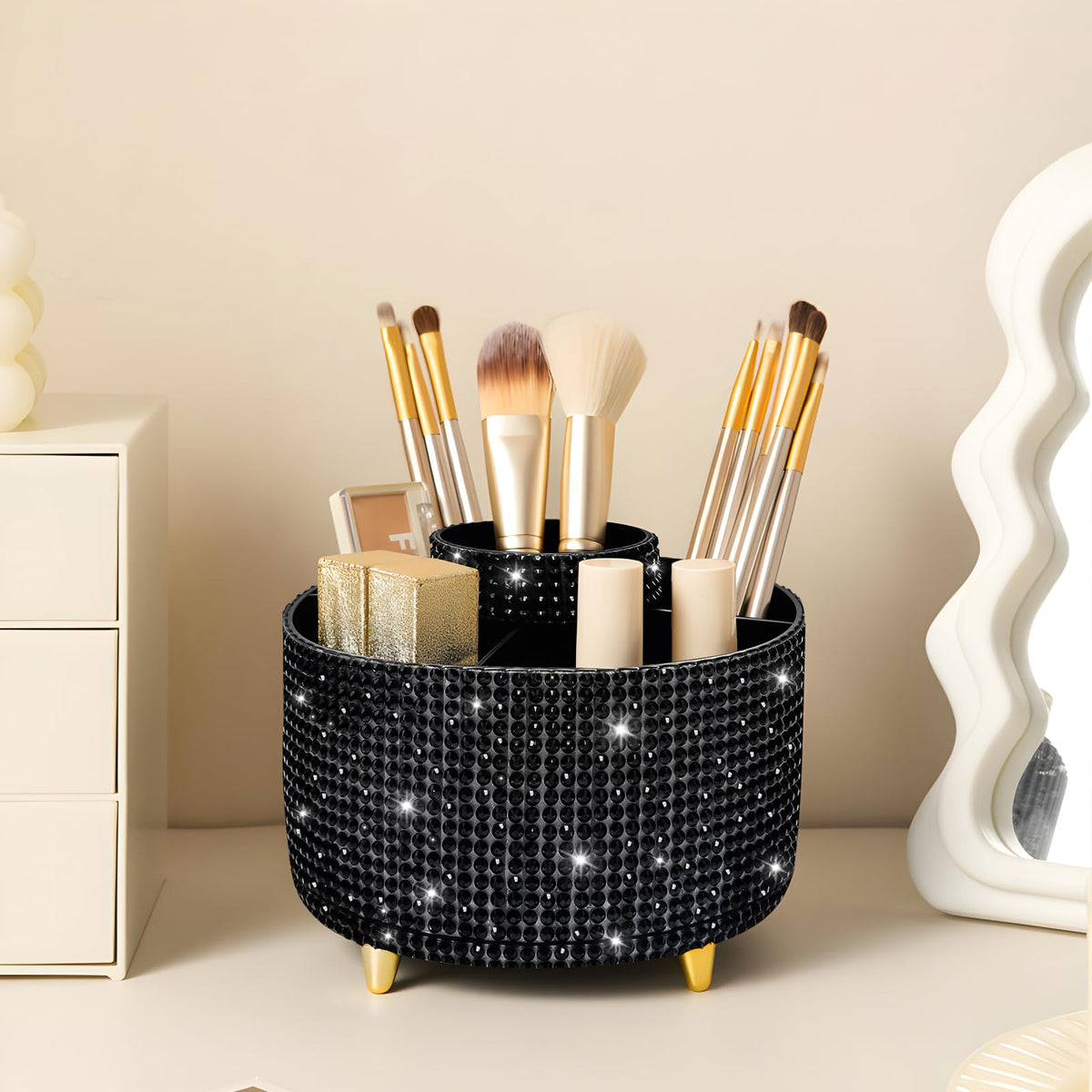 Diesisa Makeup Brush Holder Organizer,360° Rotating Makeup Brush Organizer,5 Slot Make up Brushes Cup for Cosmetics, Nail Polish, Art Supply, Bathroom Vanity Desktop Organizer - White