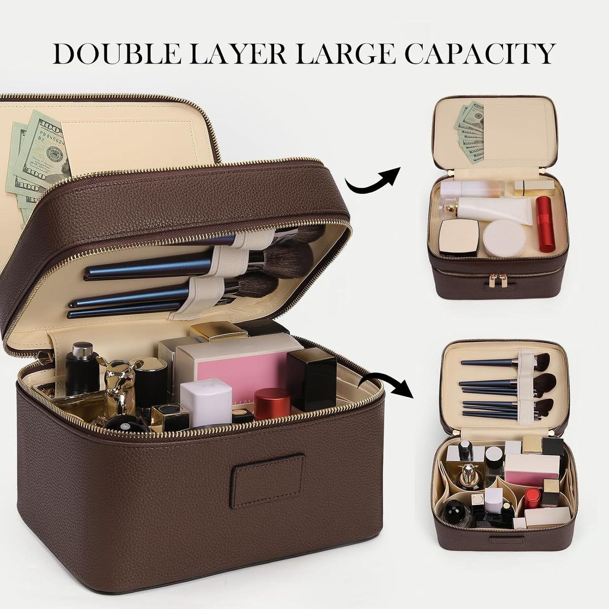HiTotes Large Makeup Bag Duo Vanity Case for Women Leather Makeup Case Travel Toiletry Bag Portable Double Layer Cosmetic Bag