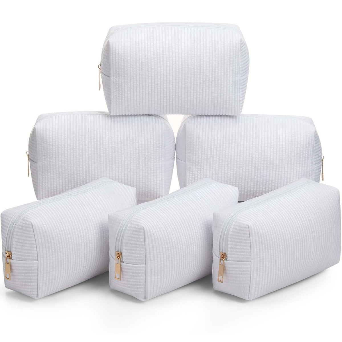 Sanwuta 6 Pcs Seersucker Cosmetic Bags Bulk, Striped Zippered,Khaki