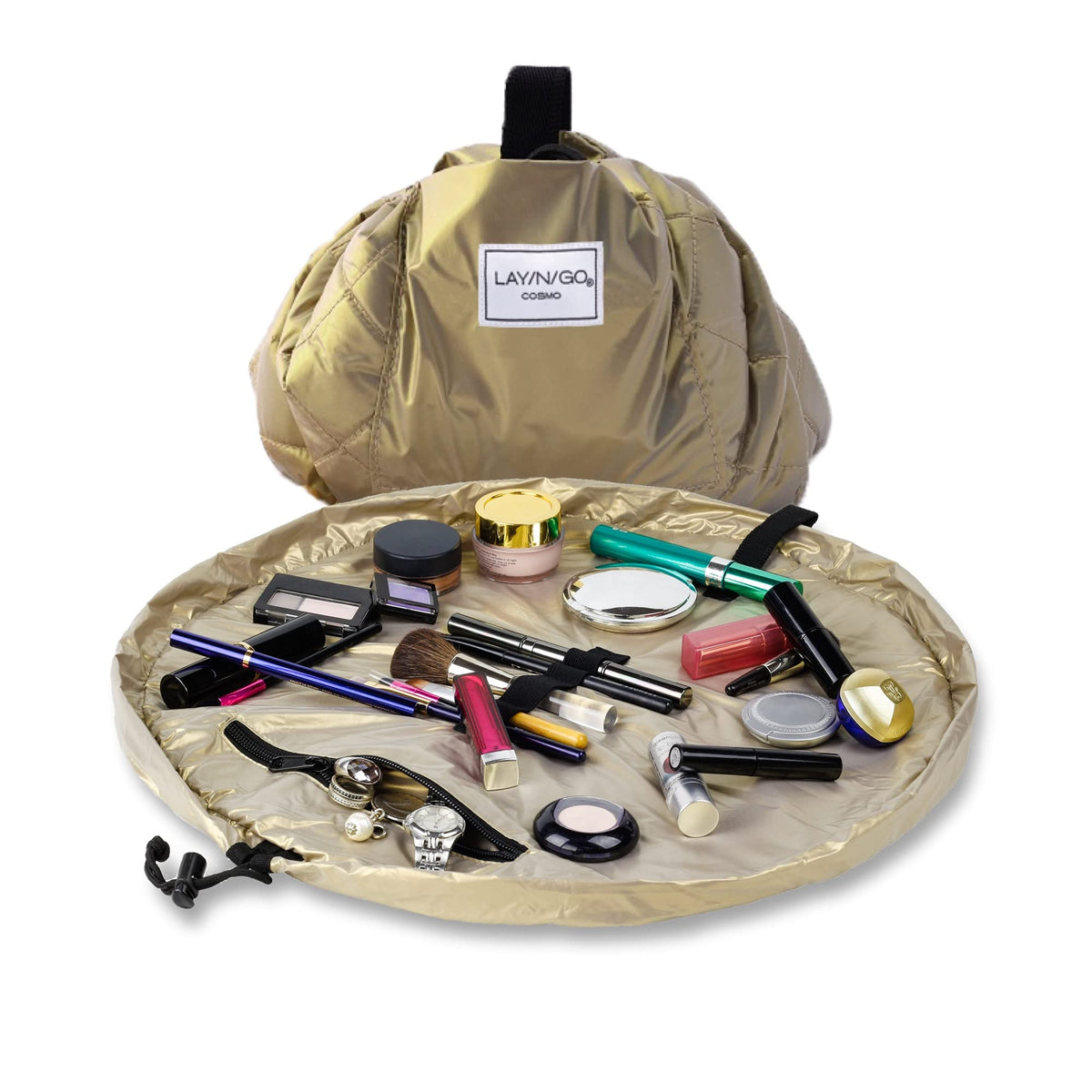 Lay-n-Go Cosmo Layflat Drawstring Cosmetic & Makeup Bag Organizer w/Zipper Pocket, Brush Loops & More, Cinch to Close, Lay Flat to Use, Durable, Machine Wash, Travel Toiletry Bag (20", Dogs)
