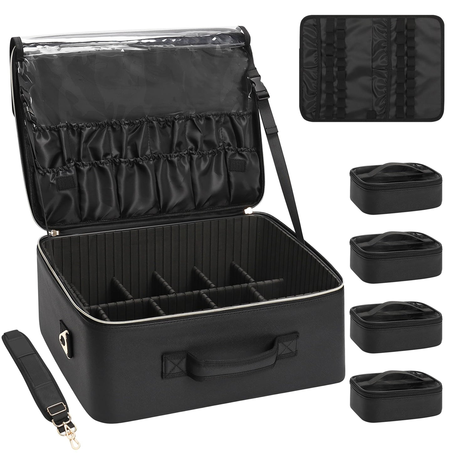 Relavel Extra Large Makeup Case Professional Cosmetic Storage Organizer Box Brush Holder with 4 Clear Set Bags & Lipstick Plate for Makeup Artists with Shoulder Strap & Adjustable Dividers