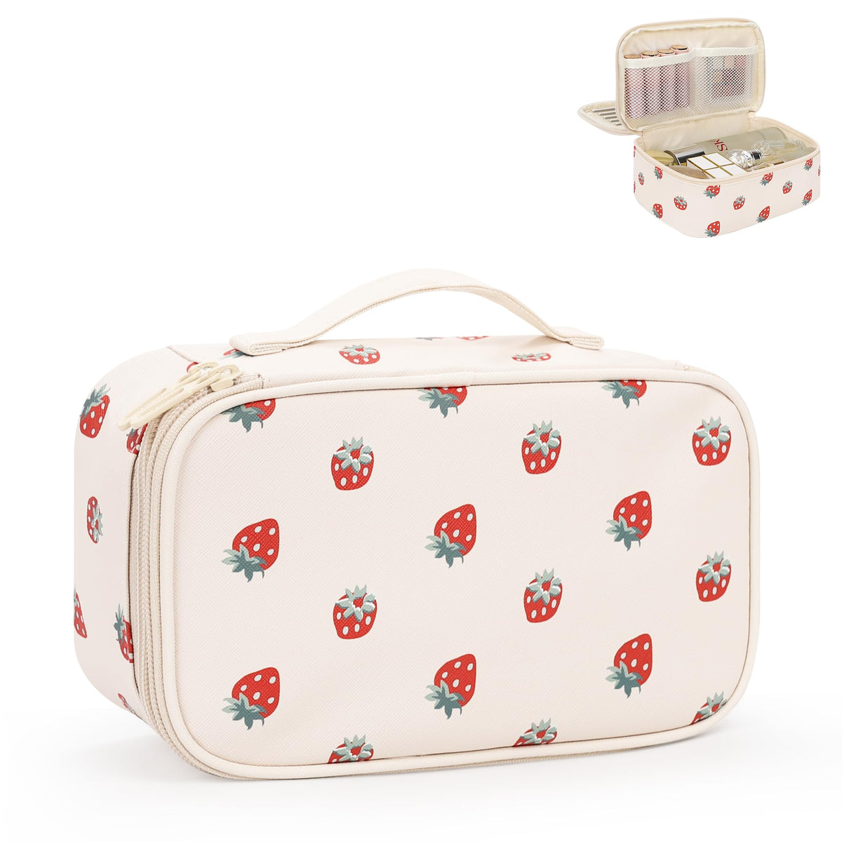 Relavel Travel Makeup Bag, Small Floral Cosmetic Bag with Makeup Brush Compartment, Portable Makeup Pouch for Women, Double Layer Makeup Organizer Bag Cute Toiletry Bag