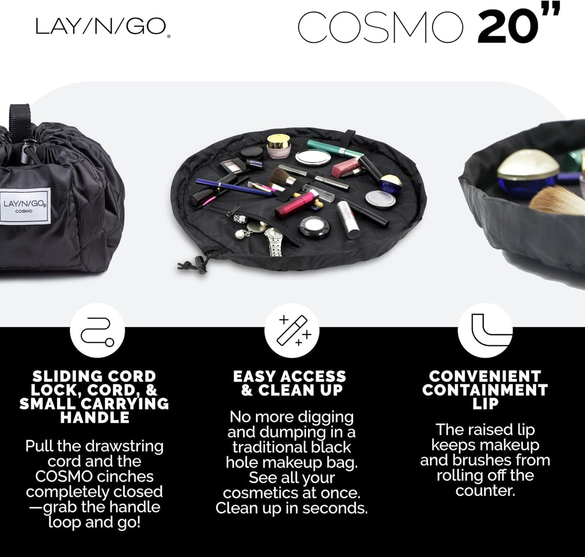 Lay-n-Go Cosmo Layflat Drawstring Cosmetic & Makeup Bag Organizer w/Zipper Pocket, Brush Loops & More, Cinch to Close, Lay Flat to Use, Durable, Machine Wash, Travel Toiletry Bag (20", Dogs)