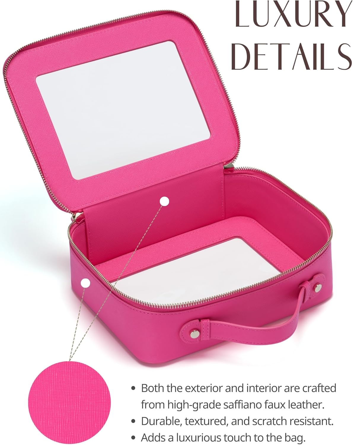 Popvibe Clear Makeup Bag Travel Cosmetic Case Transparent Toiletry Bag with Zipper, Portable Make Up Organizer Traveling Compact Car Bag for Essentials, Hotpink, Large