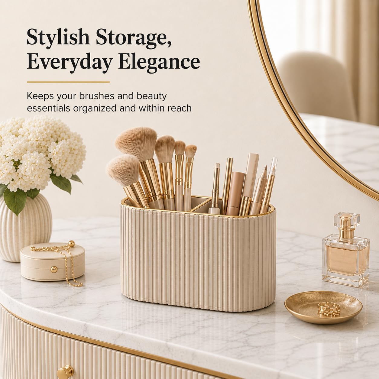 GORESE Makeup Brush Holder Organizer with 2 Slots, PU Leather Small Make Up Organizer for Vanity Countertop, Makeup Brush Cup for Bathroom & Dresser Counter, Gift for Women(Beige)