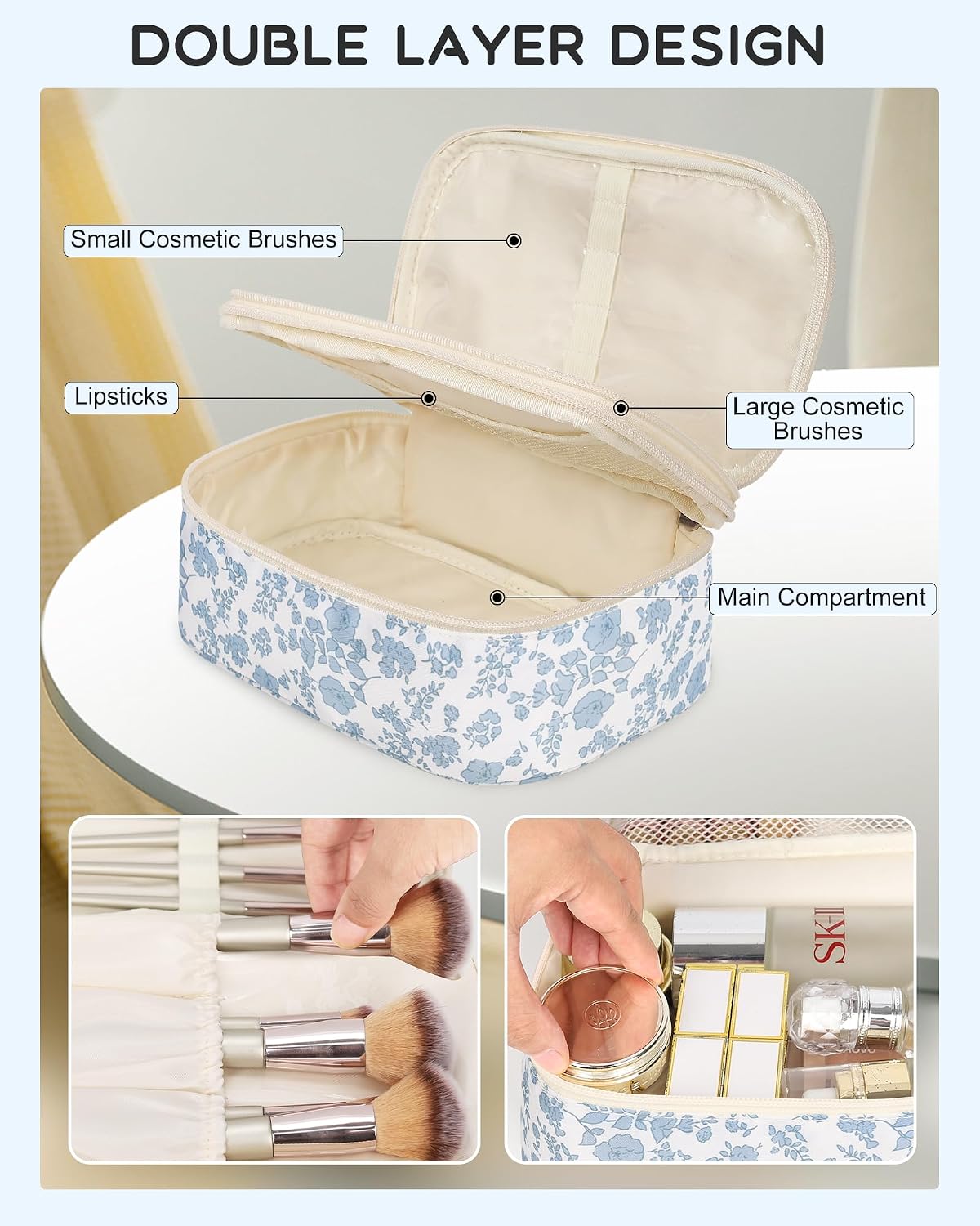 Relavel Travel Makeup Bag, Small Floral Cosmetic Bag with Makeup Brush Compartment, Portable Makeup Pouch for Women, Double Layer Makeup Organizer Bag Cute Toiletry Bag
